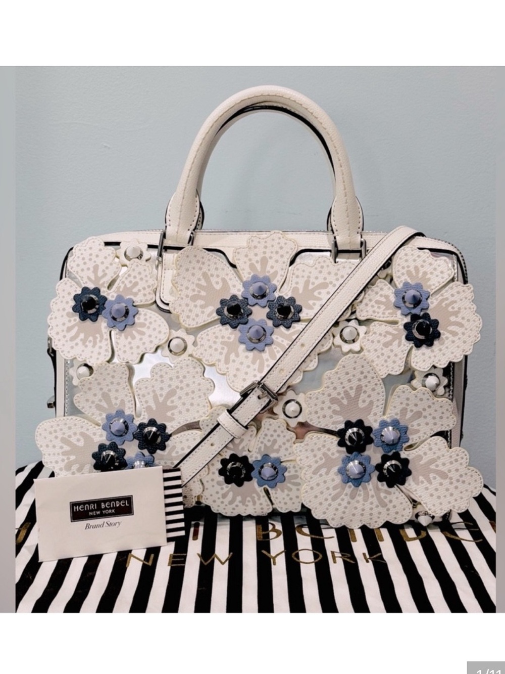 henri bendel West 57th barrel satchel / blue and grey floral w/ iridescent